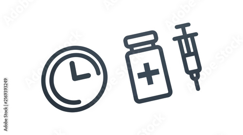 Medical vaccination schedule icon set featuring a clock vial and syringe as a clean vector graphic illustration