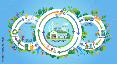 Eco factory circular economy infographic showing renewable energy, sustainable production, clean distribution, consumption, collection, recycling recovery, and product lifecycle management