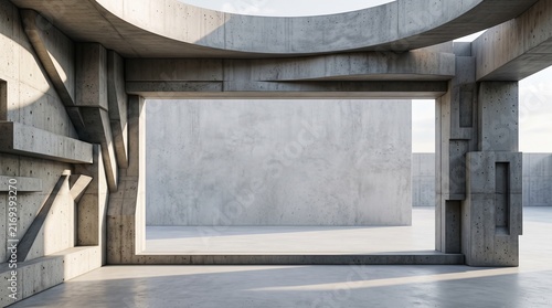 Concrete interior features a minimalist geometric structure with a large rectangular opening for natural light.
