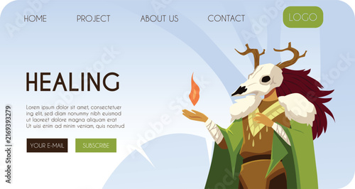 Картината върху платно Healing landing page vector design, tribal shaman with animal's skull with horns