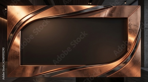 Copper frame with an abstract metallic design surrounds a dark central panel set within a modern architectural environment.