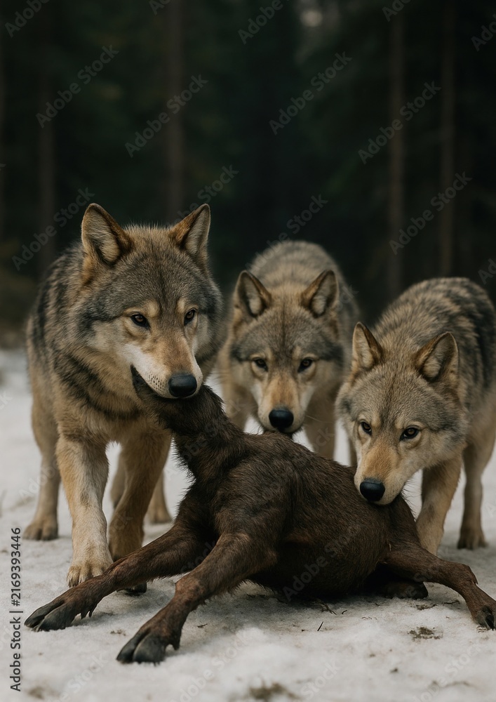 Naklejka premium Wolves hunting prey in snow