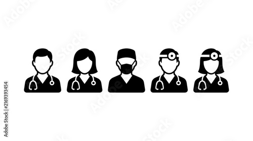 Minimalist vector graphic set showing diverse medical professionals, including doctors and surgeons in solid black silhouettes