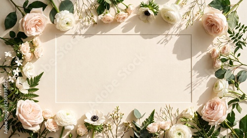 Beautiful floral frame with soft pink roses and green leaves for wedding invitation card design
