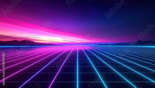 Futuristic retro synthwave background with neon grid floor and vibrant sunset sky.