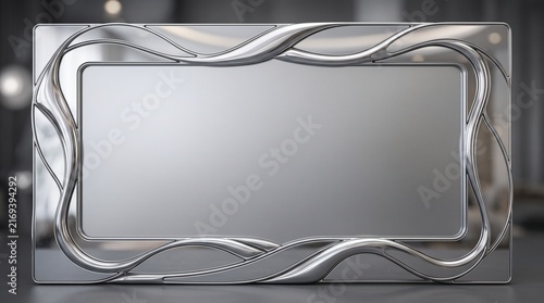 Silver metallic frame with elegant fluid waves serves as a modern product display surface.