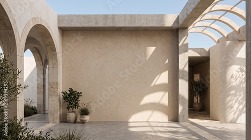 Modern mediterranean patio with stone arches and palm leaf shadows on a sunny bright summer day