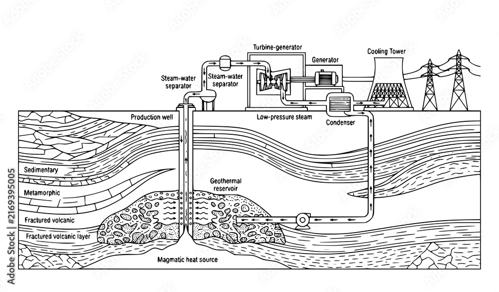 Fototapeta premium Geothermal Power Generation Underground Reservoir Renewable Energy Vector Diagram