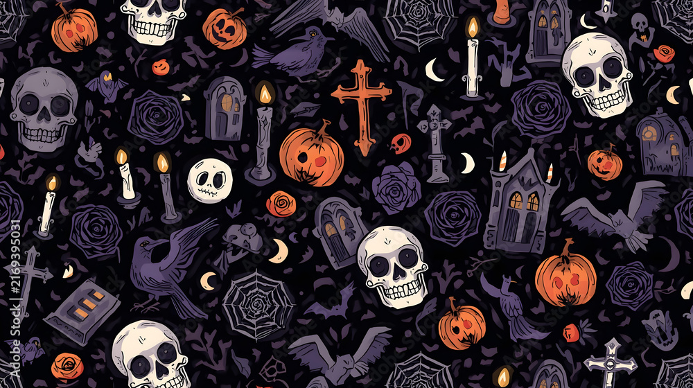 A dark, spooky Halloween pattern with skulls, pumpkins, bats, spiderwebs, and gothic elements.