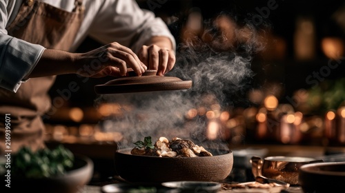Chef uncovering steaming gourmet dish in dark restaurant
