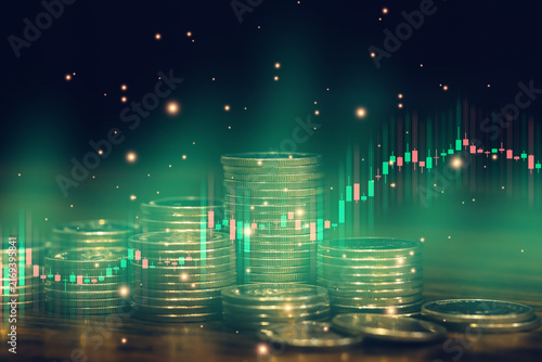 Stacks of coins with glowing candlestick chart symbolize investment growth, financial markets, wealth management, trading strategy, profit potential, and long-term economic success.