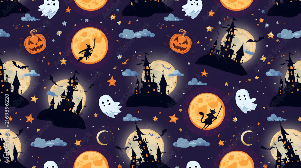 A whimsical Halloween pattern featuring a dark purple background filled with playful ghosts, jack-o'-lanterns, haunted castles, and a crescent moon.