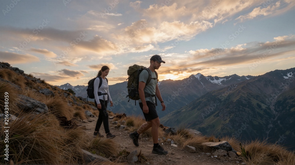 Obraz premium Couple hiking along rocky alpine ridge at sunset with backpacks, warm golden light, snow-capped peaks, open valley, and sweeping mountain panorama