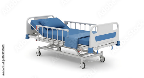 Blue hospital bed with wheels in room