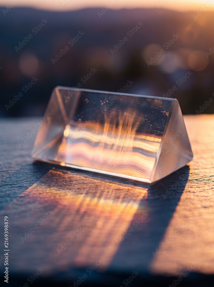 Fototapeta premium Optical Glass Triangular Prism Refracting Golden Sunset Sunlight on Stone