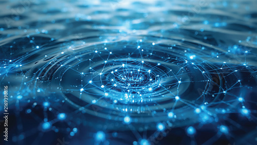 Digital data ripples with glowing blue network nodes and interconnected nodes.