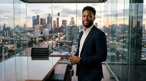 Professional man smiling in office boardroom overlooking city at sunset