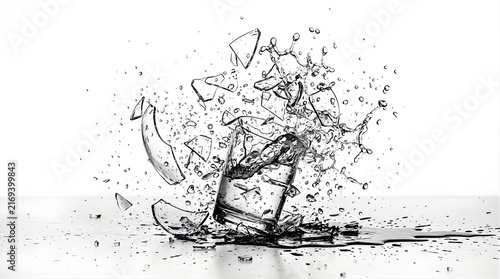 Shattered glass cup exploding with water splash against white background