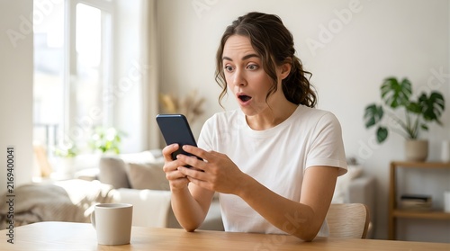 Shocked young woman looking at smartphone screen with surprised expression