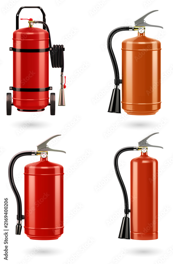 Obraz premium Four fire extinguishers on a transparent background for safety