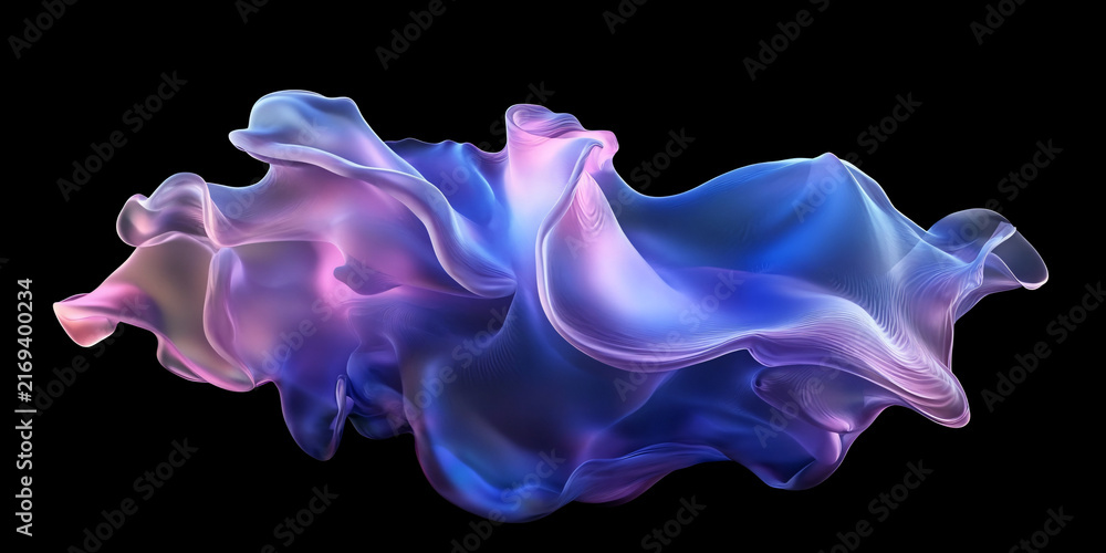 Obraz premium Abstract fluid shape, 3 shapes collection, glossy blue and pink liquid structure, translucent wavy form on black background