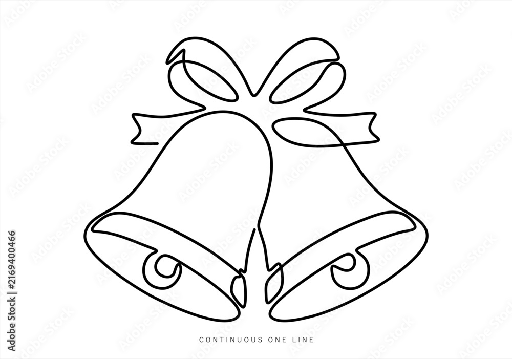 Naklejka premium Continuous one line drawing of a pair of Christmas bells with a bow, holiday chime and festive mood concept, hand drawn vector, ready to use graphic