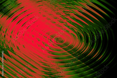 Dynamic digital audio frequency wave texture with concentric circles flowing across a dark red and green backdrop.