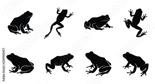 Collection of frog silhouettes in various poses against a white background