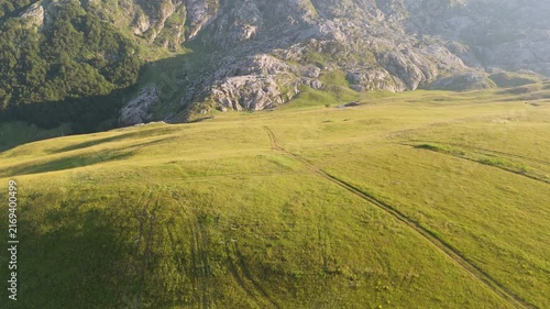 Drone Descending Over an Alpine Meadow Beneath Rocky Mountains