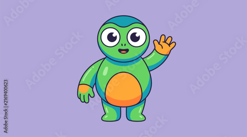 Photography Friendly cartoon alien waving hello, stylized flat design with rounded shapes and bold outlines, isolated on a soft purple background