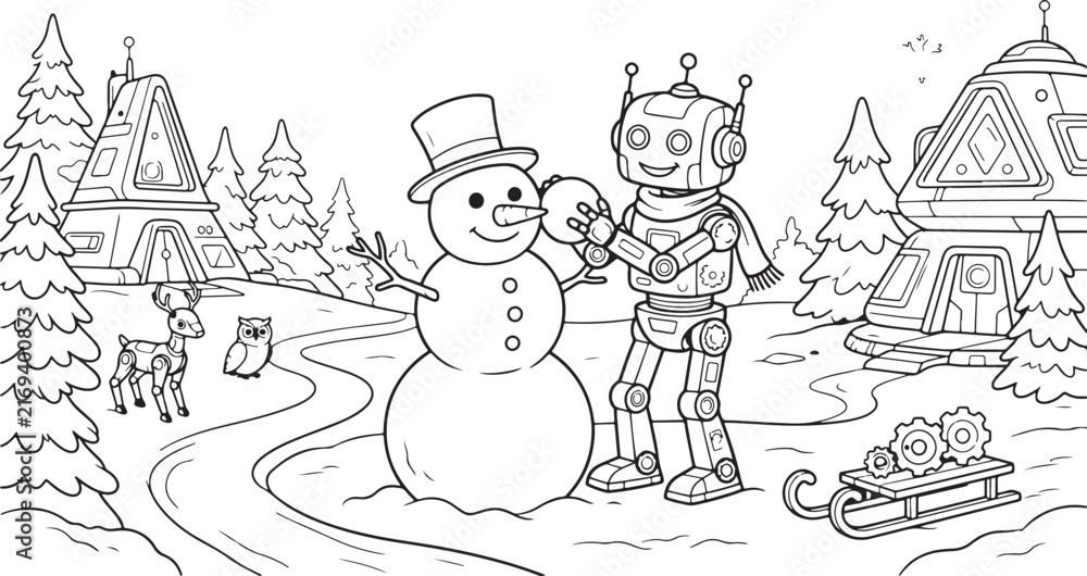 Fototapeta premium Robot building snowman in snowy winter landscape line art coloring page for children.