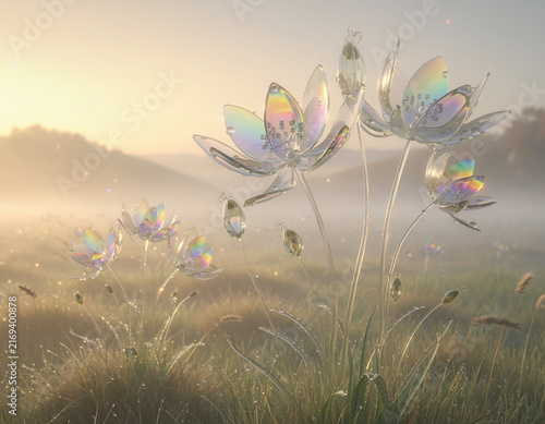 Transparent Glass Flowers Blooming in a Dreamy Meadow Landscape