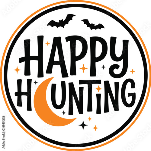 Happy Haunting Halloween Typography with Pumpkins, Bats and Crescent Moon