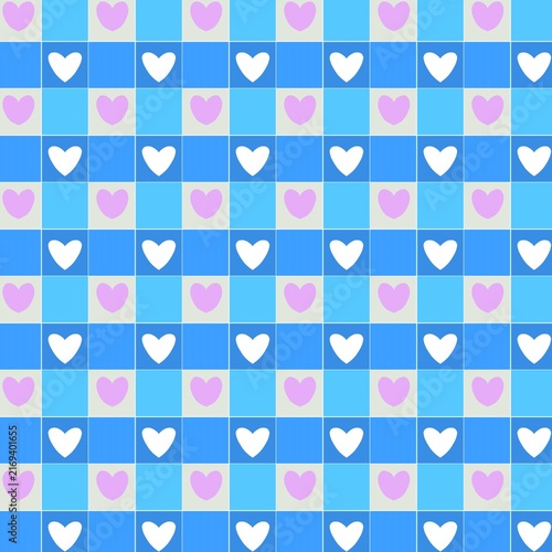 Cute seamless pattern featuring white and light blue hearts arranged on a bright blue checkered background, creating a simple and playful decorative design