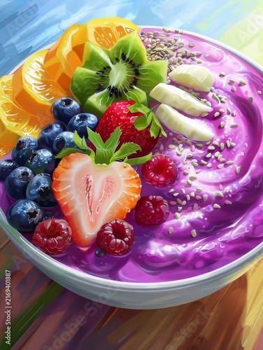 Vibrant smoothie bowl with strawberries, kiwi, blueberries, raspberries, and seeds. A fresh nutritious breakfast
