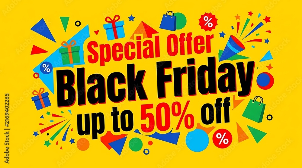 Obraz premium Black Friday sale banner with up to 50 percent discount and colorful confetti explosion