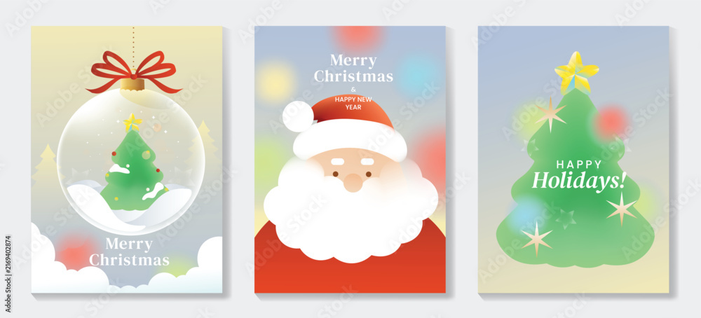 Naklejka premium Merry Christmas and Happy New Year vector posters set. Cute Santa Claus, Christmas tree and snow globe greeting cards with soft pastel festive backgrounds and holiday decorations.