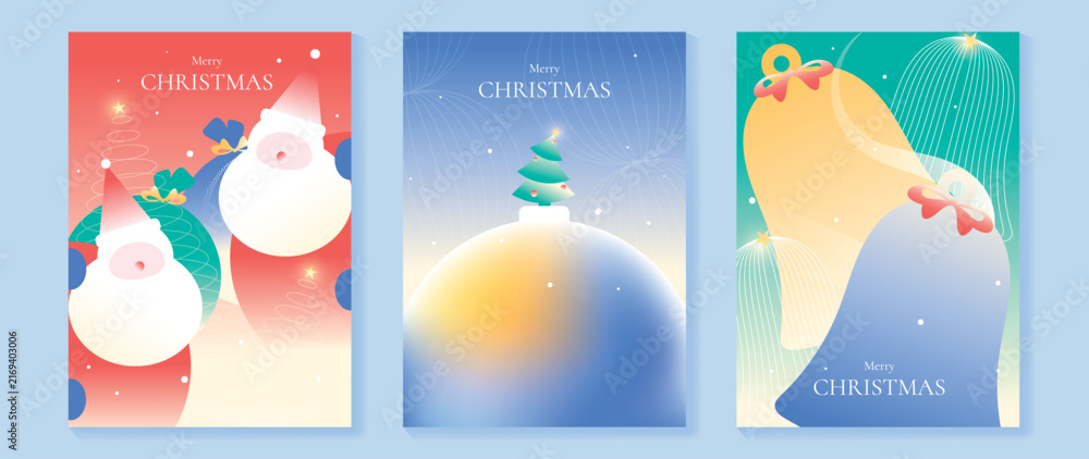Naklejka premium Merry Christmas and Happy New Year vector posters set. Cute Santa Claus, Christmas tree and snow globe greeting cards with soft pastel festive backgrounds and holiday decorations.