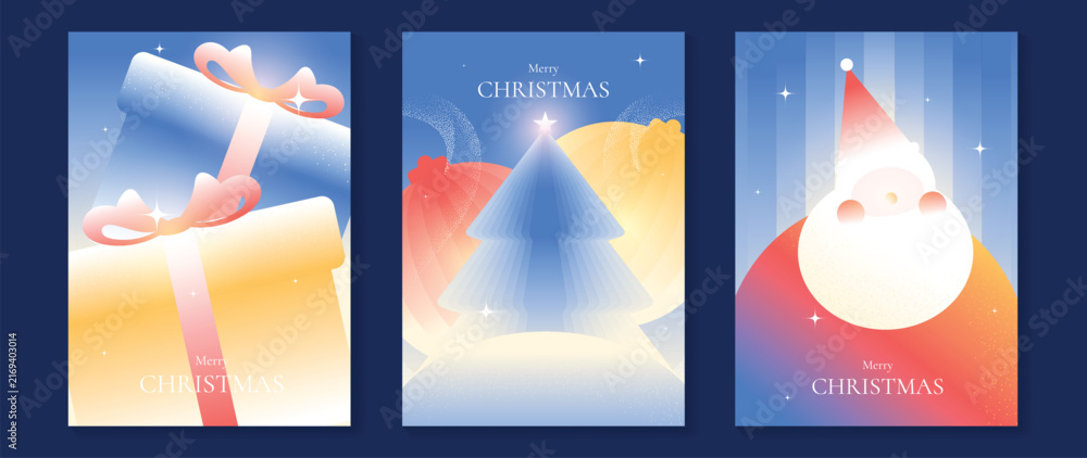 Naklejka premium Merry Christmas and Happy New Year vector posters set. Cute Santa Claus, Christmas tree and snow globe greeting cards with soft pastel festive backgrounds and holiday decorations.