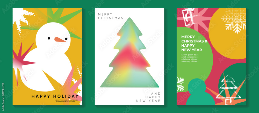 Obraz premium Merry Christmas and Happy New Year vector posters set. Christmas tree, bell, snowman ornament and festive pine decorations on soft blue pastel holiday greeting card backgrounds.