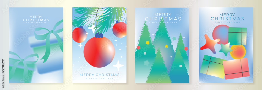 Naklejka premium Merry Christmas and Happy New Year vector posters set. Christmas ornaments, colorful gift boxes, ribbon bows and festive trees on soft blue pastel holiday greeting card backgrounds.