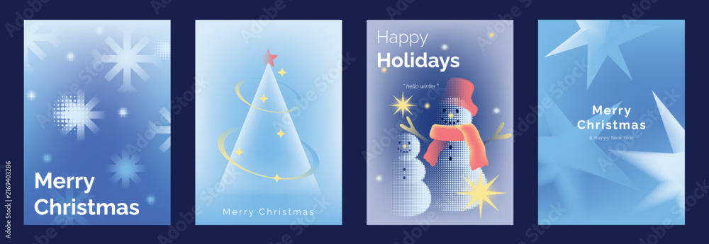 Naklejka premium Merry Christmas and Happy New Year vector posters set. Christmas tree, bell, snowman ornament and festive pine decorations on soft blue pastel holiday greeting card backgrounds.