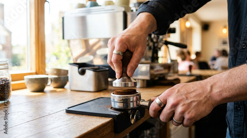 Barista tamping fresh coffee grounds in portafilter for espresso machine