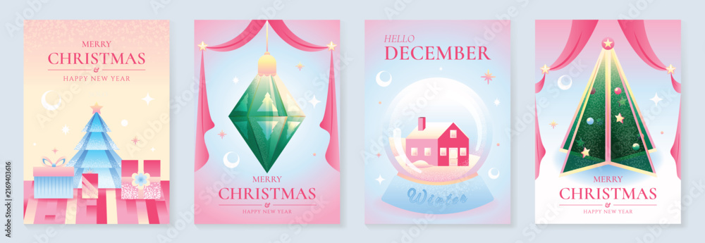 Fototapeta premium Merry Christmas and Happy New Year vector posters set. Christmas trees, gift boxes, hanging ornament and winter house snow globe with soft pink pastel festive backgrounds.