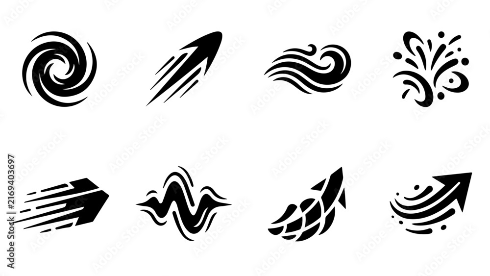 Fototapeta premium Nine abstract geometric patterns feature dynamic swirls and directional arrows in black and white.