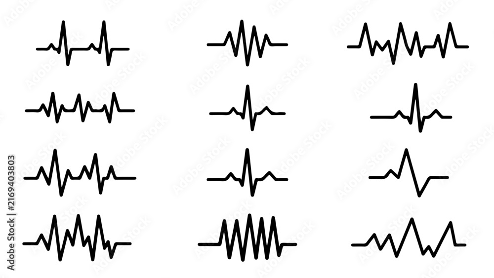Naklejka premium Black and white line art depicting various sound wave patterns in a structured grid.