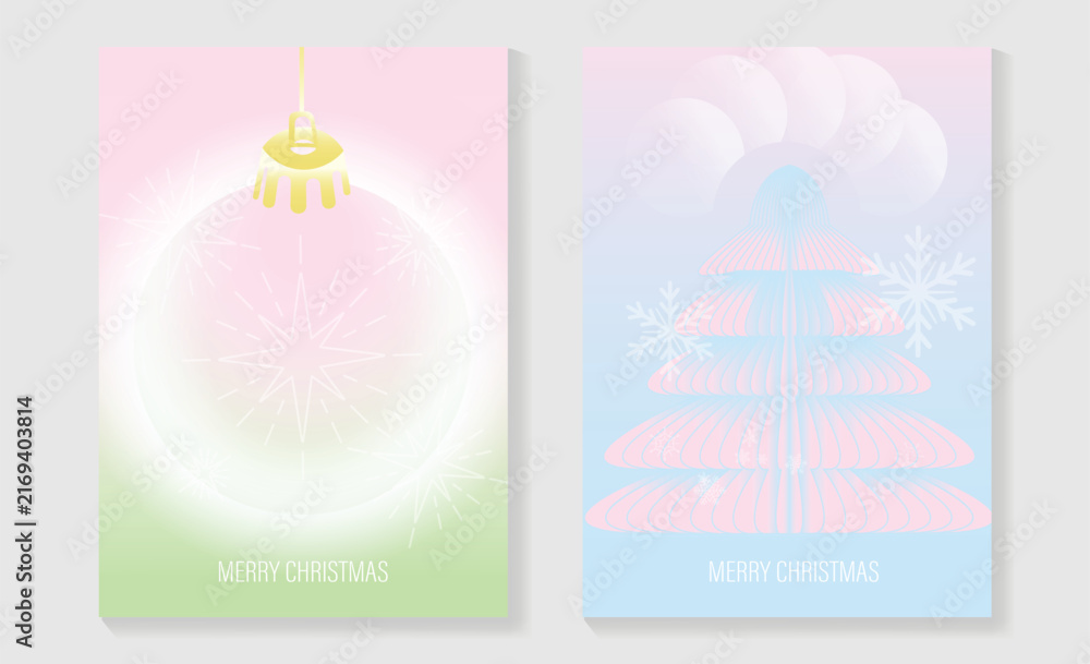 Naklejka premium Merry Christmas and Happy New Year vector posters set. Glowing Christmas bauble, abstract layered tree, snowflakes and soft pastel pink, blue and green holiday backgrounds.