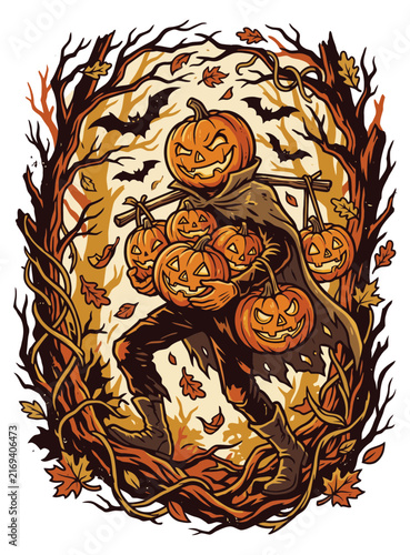 Vintage Pumpkin Head Character Carrying Jack o Lanterns