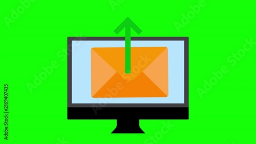 Email message on computer monitor with upward arrow representing outgoing email communication