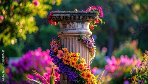 Elegant Stone Column Decorated with Vibrant Flowers in a Lush Garden.
